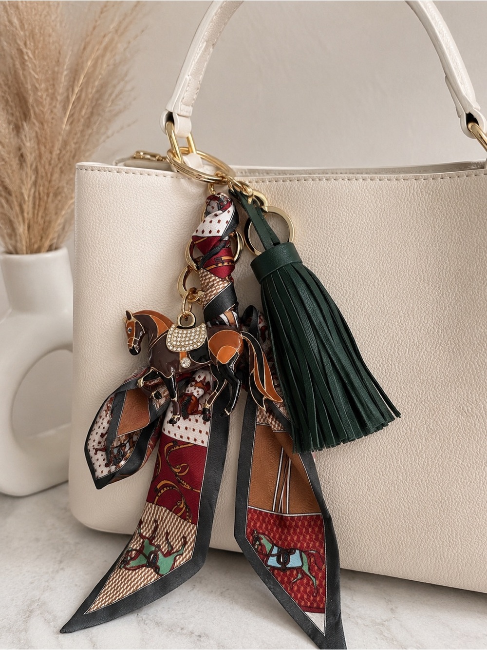 Piper K | Equestrian Motif Horse Bag Charm w/Rhinestone Saddle, Scarf & Tassel